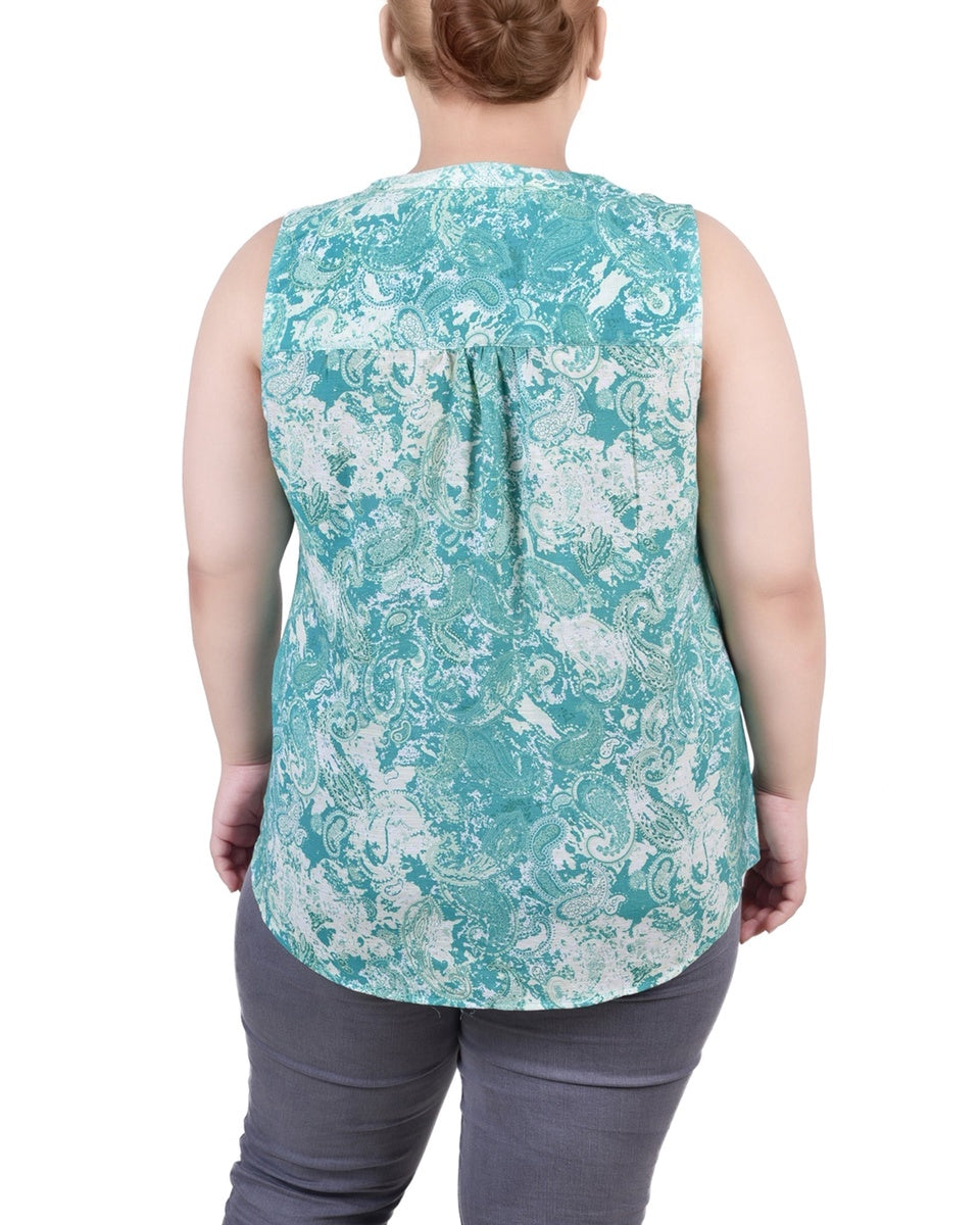  NY Collection Plus Size Sleeveless Jacquard Y Neck Top - Fuschia Swirlbreeze - Bonton