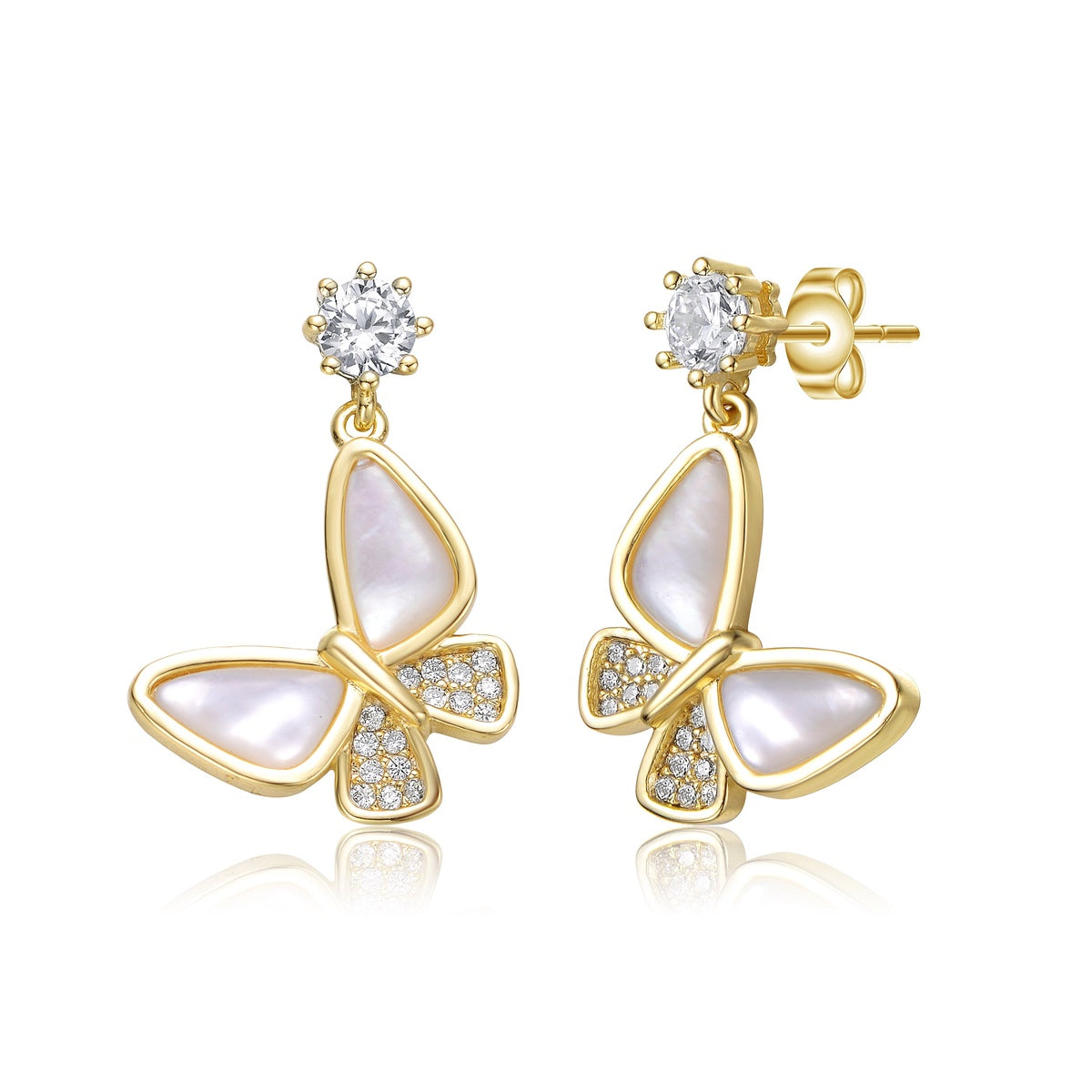  14k Yellow Gold Plated Butterfly Dangle Earrings With Clear Cubic Zirconia - Clear+Mop - Bonton