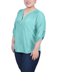 Plus Size 3/4 Roll Tab Zip Front Jacquard Knit Top