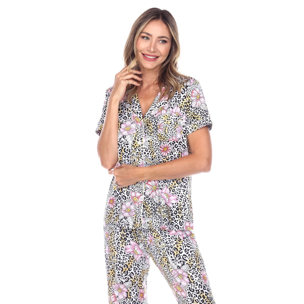  White Mark Women's Short Sleeve & Pants Tropical Pajama Set - L - Bonton