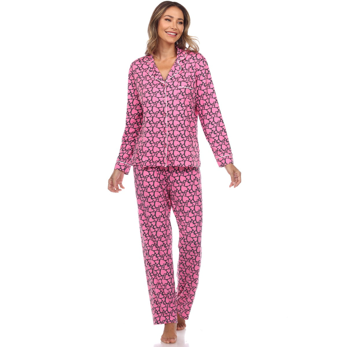  White Mark Women's Long Sleeve Heart Print Pajama Set - M - Bonton