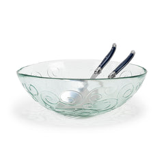 Recycled Glass Celebration Salad Bowl With Navy Laguiole Serving Utensils