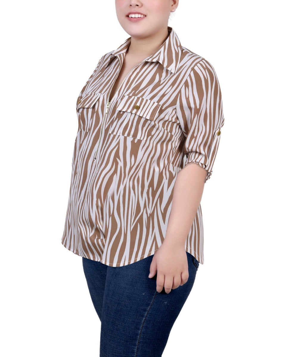  NY Collection Plus Size 3/4 Roll Tab Sleeve Zip Front Top - Antique White Animal - Bonton