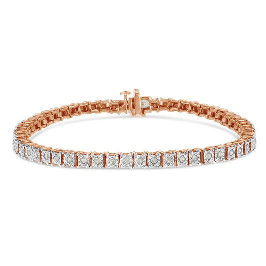 10K Rose Gold Over .925 Sterling Silver 1.0 Cttw Diamond Square Frame Miracle-Set Tennis Bracelet (I-J Color, I3 Clarity) - 8"