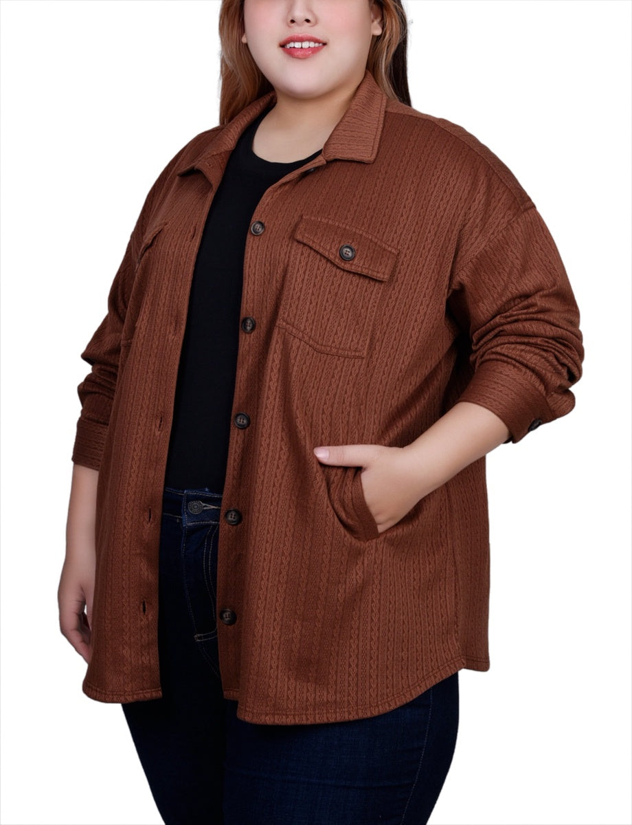  NY Collection Plus Size Long Sleeve Textured Knit Shirtjacket - Camel - Bonton