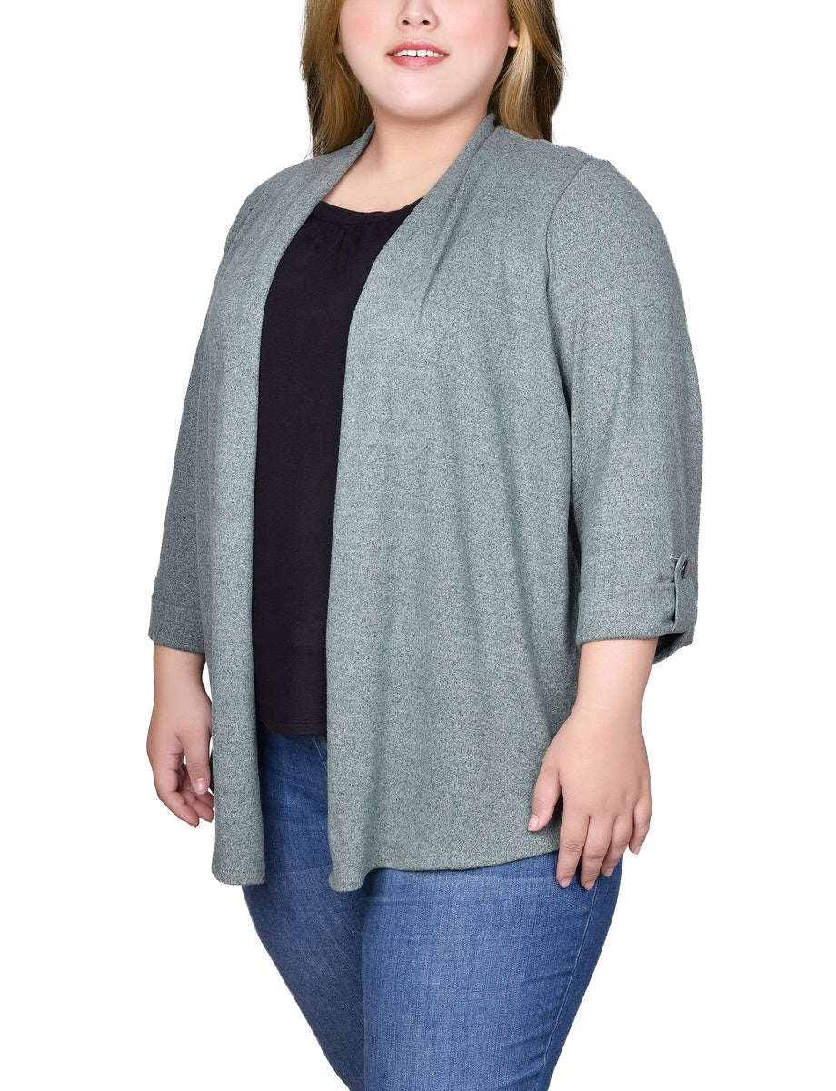  NY Collection Plus Size Roll Tab Sleeve 2Fer Set - Charcoal Grey - Bonton