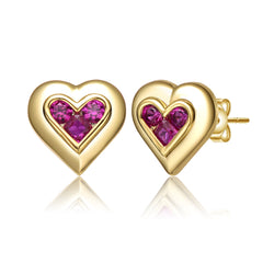 14k Gold Plated With Ruby Red Cubic Zirconia 3-Stone Cluster Heart Stud Earrings