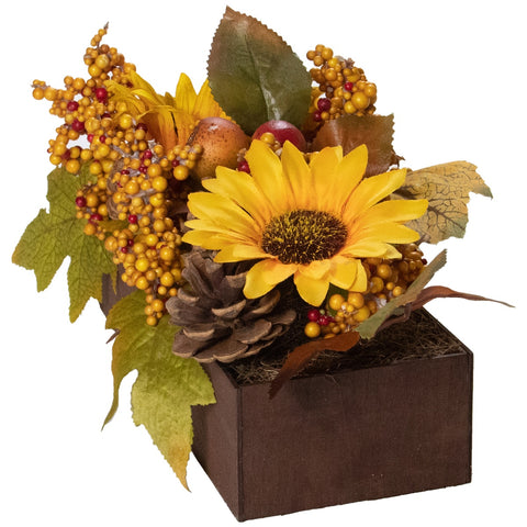 10" Yellow and Brown Sunflowers and Leaves Fall Harvest Floral Arrangement