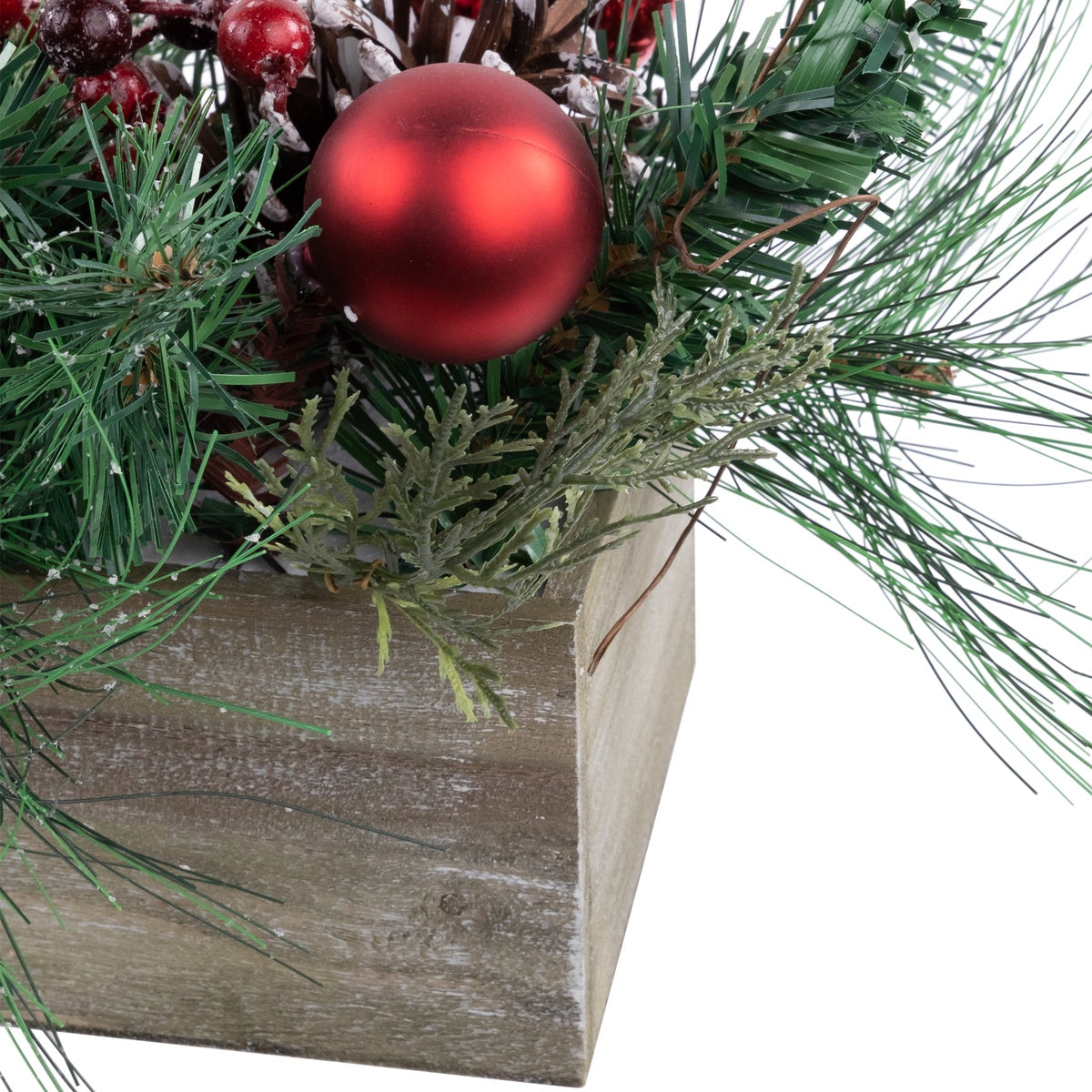  Northlight Mixed Pine and Red Ornaments Artificial Christmas Arrangement in Wood Planter - 24