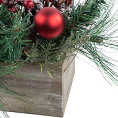 Mixed Pine and Red Ornaments Artificial Christmas Arrangement in Wood Planter - 24"