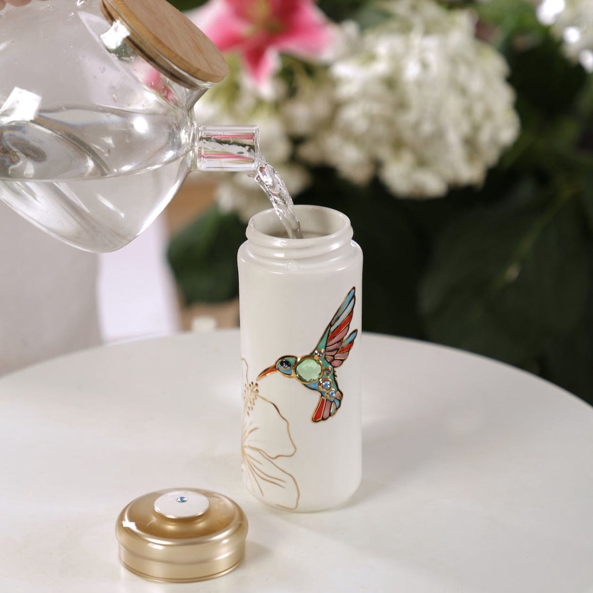  Acera The Hummingbird Travel Mug - Pink and Hand Painted Multi Colored Bird - Bonton