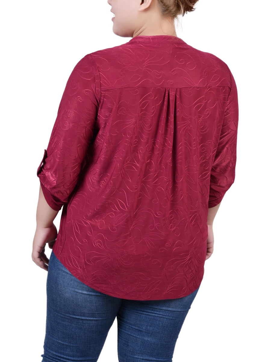  NY Collection Plus Size 3/4 Roll Tab Pullover Top - Beet Red - Bonton