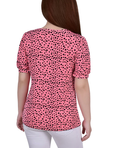 Petite Short Puff Sleeve Sheer Inset Top