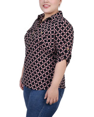 Plus Size 3/4 Roll Tab Sleeve Zip Front Top