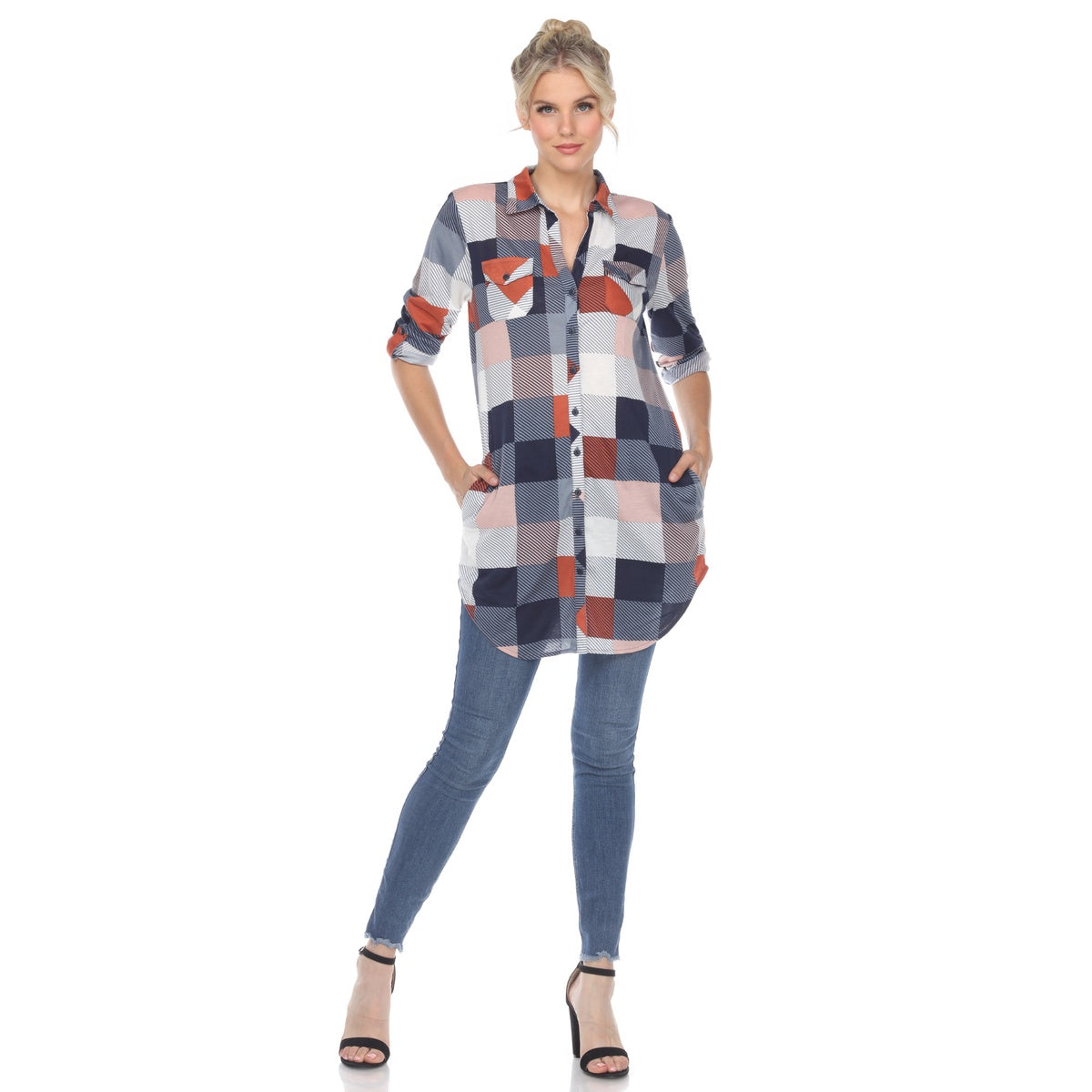  White Mark Women's Plaid Button Down Tunic Top - S - Bonton