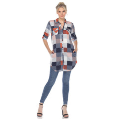 Women's Plaid Button Down Tunic Top