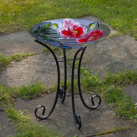 21" Butterfly and Carnations Hand Painted Glass Outdoor Birdbath