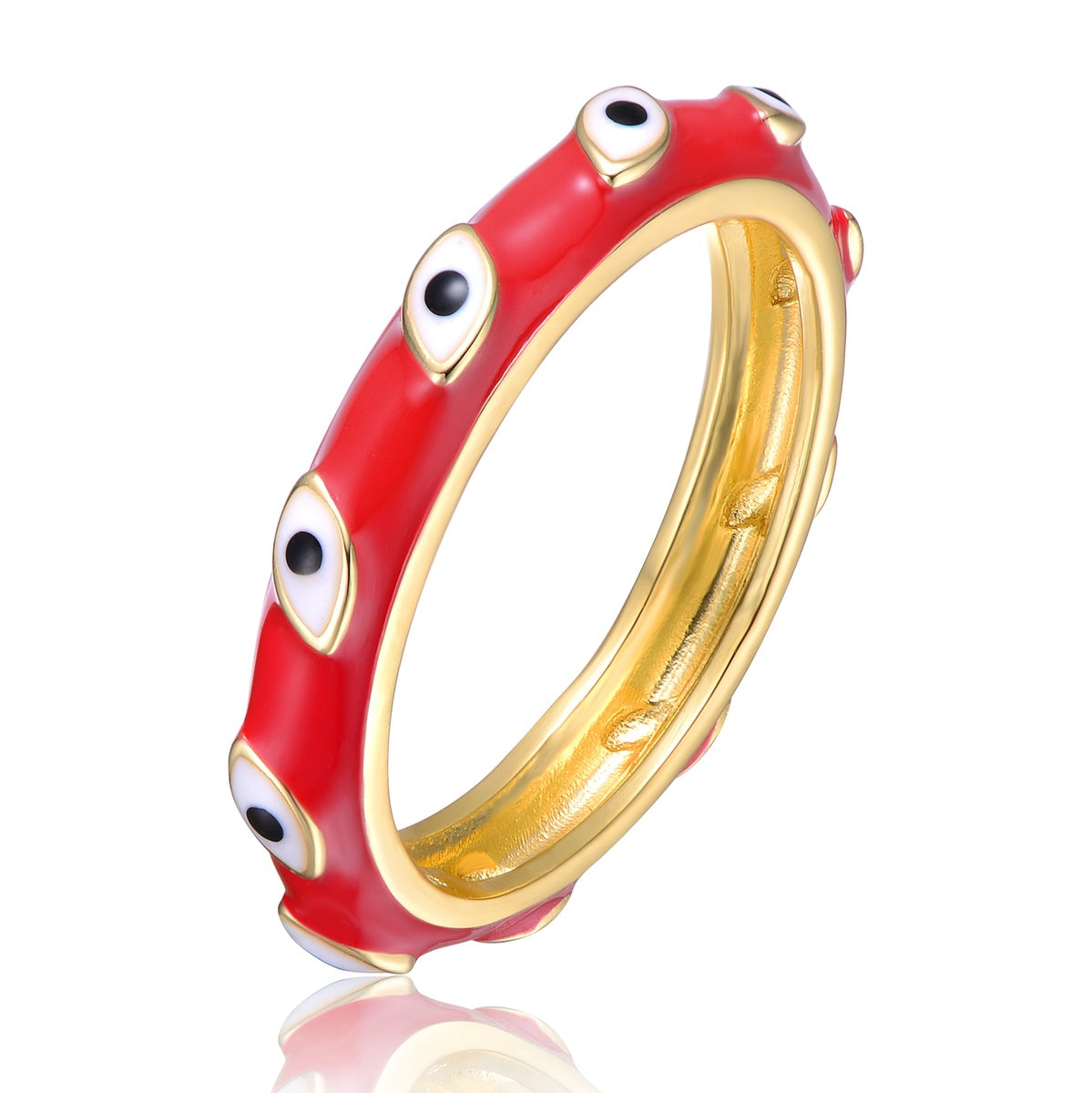  GigiGirl Kids/Teens 14k Yellow Gold Plated Red Bamboo White Evil Eye Enamel Slim Stacking Band Ring - 4 - Bonton