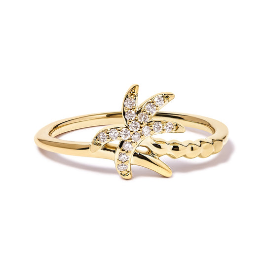 10K Yellow Gold 1/10 Cttw Diamond  Palm Tree Statement Ring (H-I Color, I1-I2 Clarity) - Ring Size 6