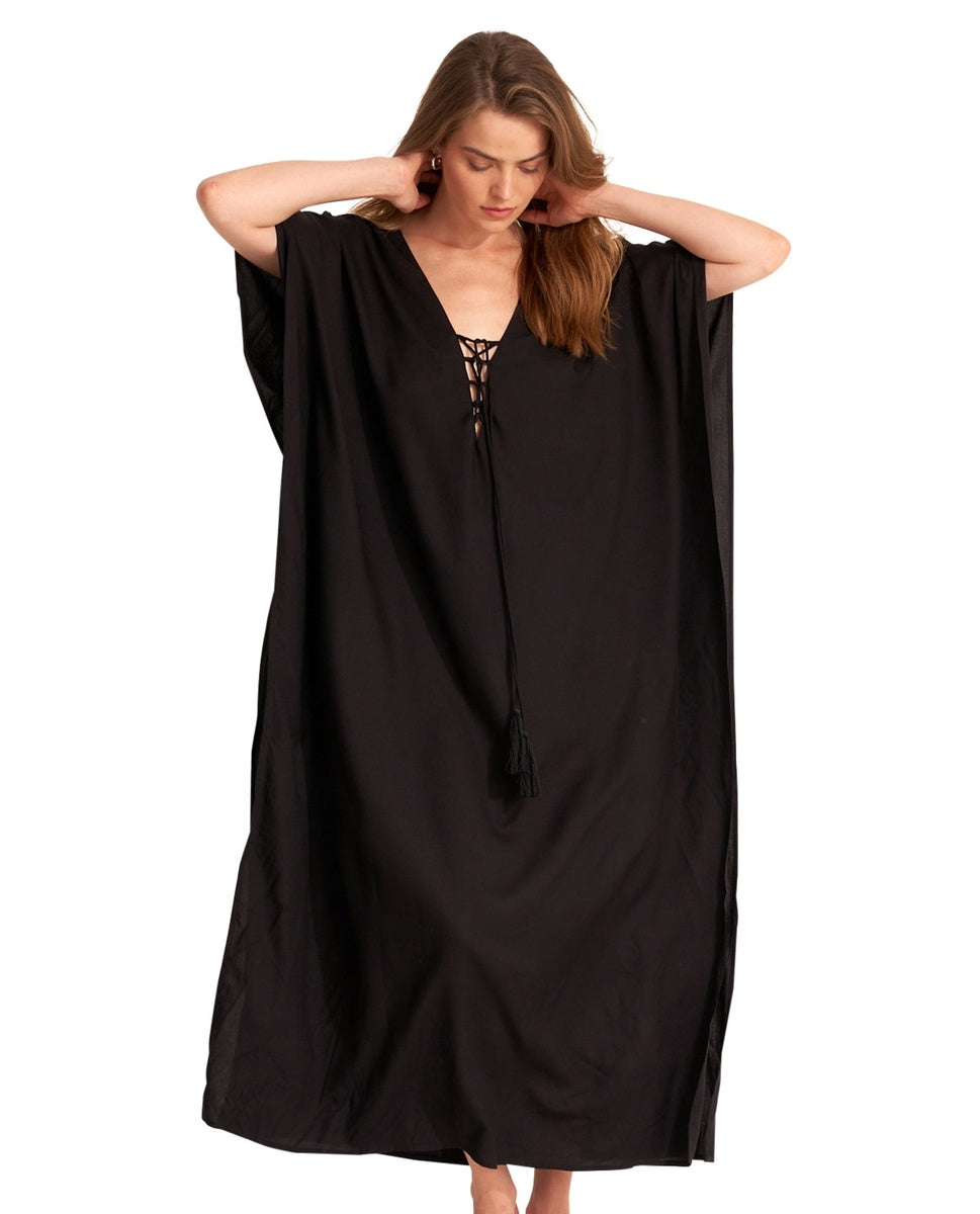  Gottex Beach Life Best Lace Up Cover Up Kaftan - GOTTEX BEACH LIFE BEST BLACK - Bonton
