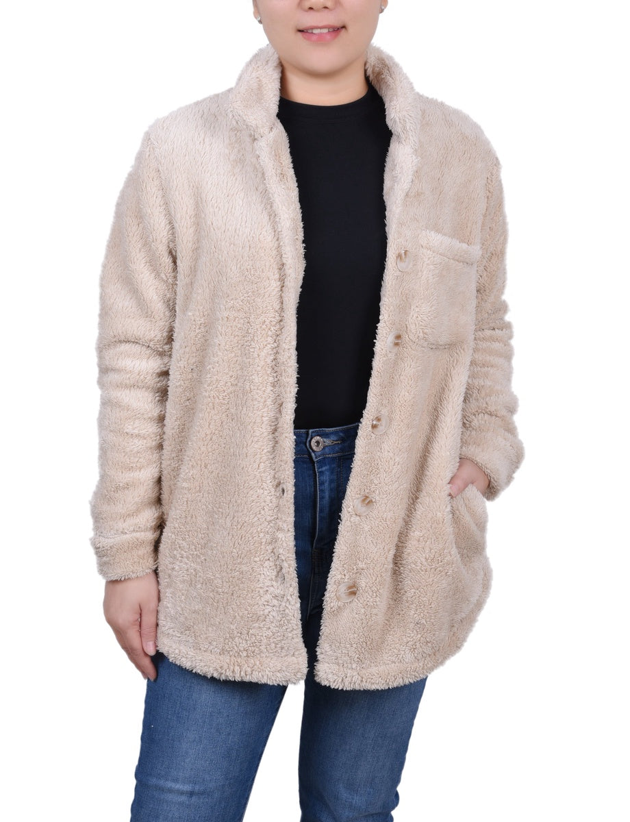  NY Collection Long Sleeve Button Front Sherpa Jacket - Ivory - Bonton