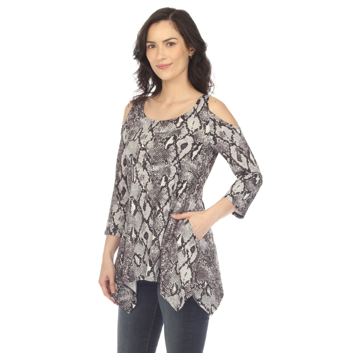  White Mark Women's Snake Print Cold Shoulder Tunic - S - Bonton