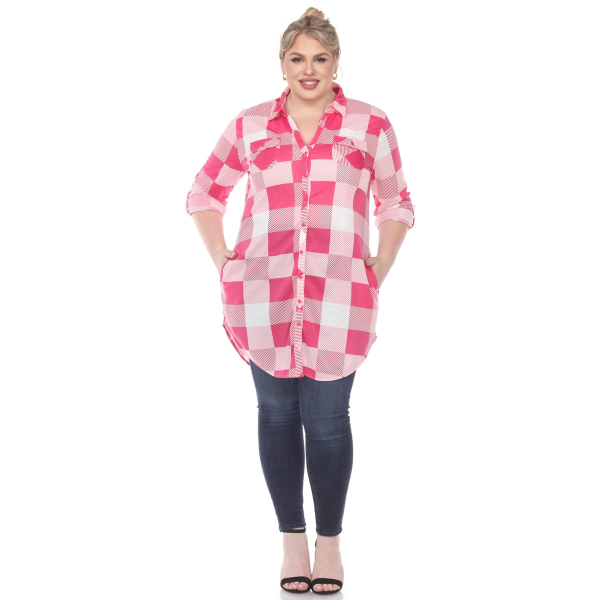  White Mark Plus Size Plaid Button Down Tunic Shirt - 1X - Bonton