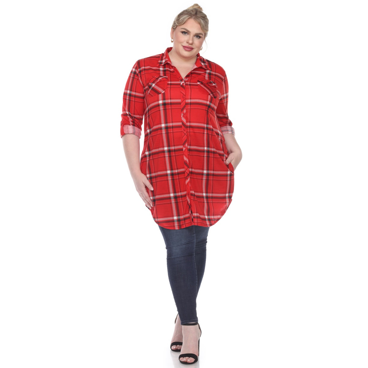  White Mark Plus Size Plaid Tunic Top - 1X - Bonton