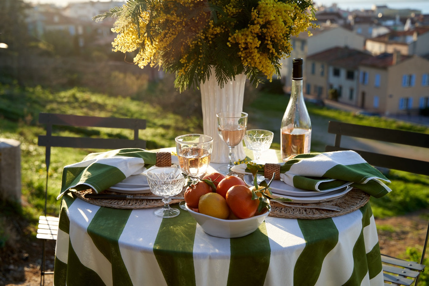  Caravan French Tablecloth St. Tropez Vert Stripes - 59 x 59 - Square - Seats 2-4 - Bonton