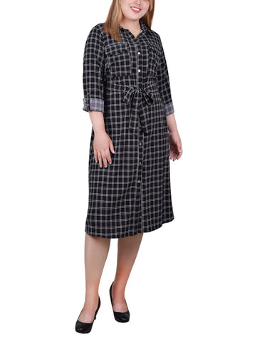 Plus Size Long Sleeve Roll Tab Shirtdress
