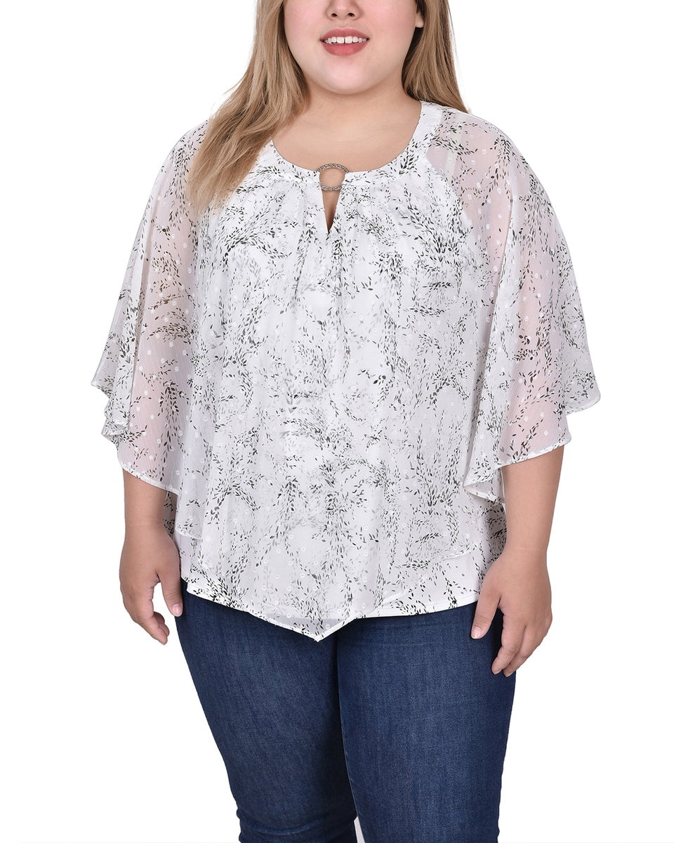  NY Collection Plus Size Chiffon Poncho Top With Ring - Ivory Floral - Bonton