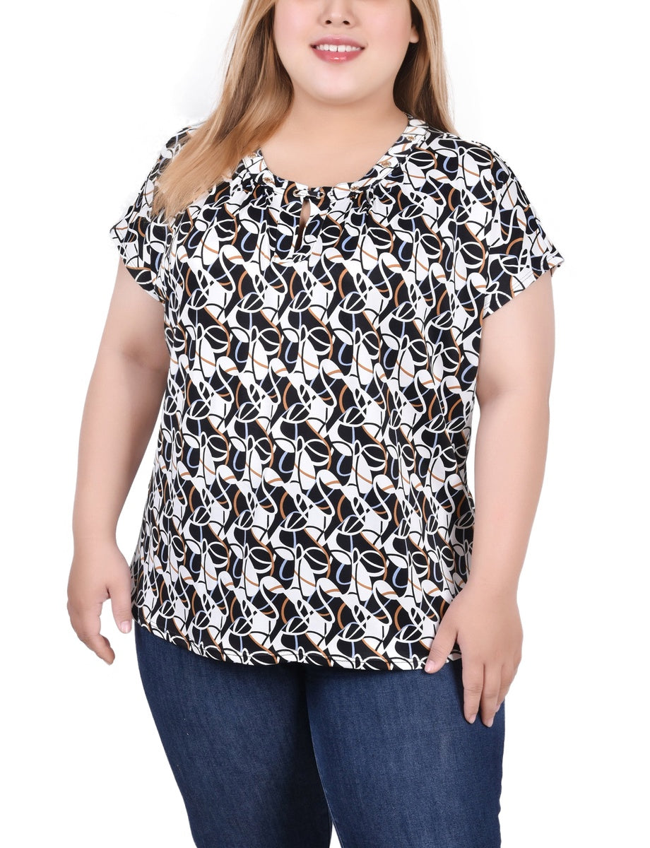  NY Collection Plus Size Extended Sleeve Top With Grommets - Black Blue Taupe Abstract - Bonton