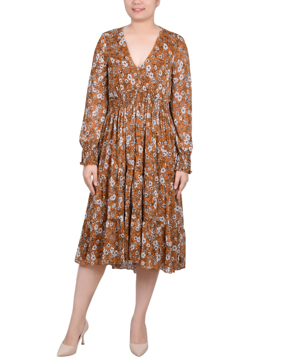  NY Collection Long Sleeve Clip Dot Chiffon Dress With Smocked Waist and Cuffs - Aqua Stembloom - Bonton