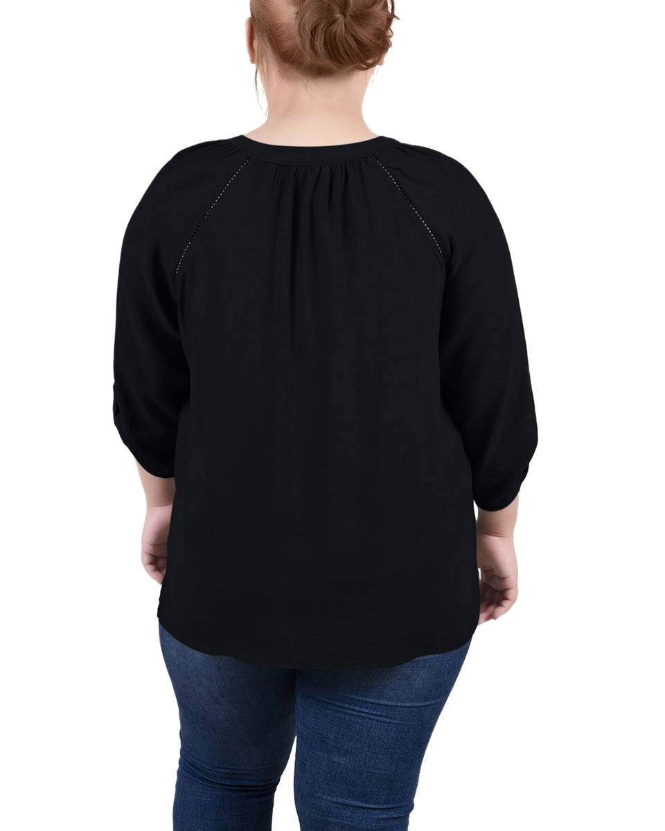  NY Collection Plus Size Raglan Sleeve Split Neck Blouse - Black - Bonton