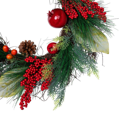 24" Autumn Harvest Pine  Berry and Pomegranate Wreath - Unlit
