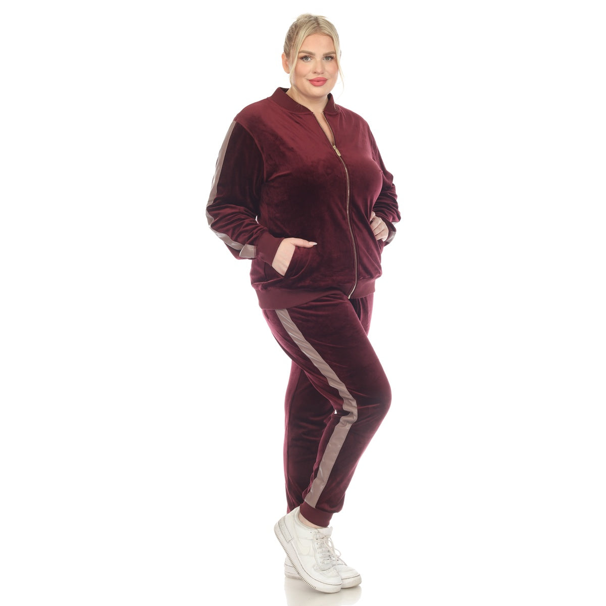  White Mark Plus Size 2-Piece Velour With Faux Leather Stripe - 1X - Bonton