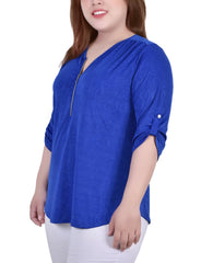 Plus Size 3/4 Roll Tab Zip Front Jacquard Knit Top