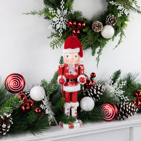 13.75" Red and White Peppermint Twist Mrs. Claus Wooden Christmas Nutcracker