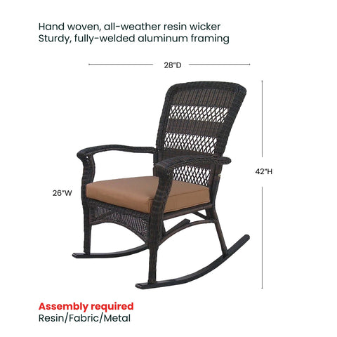 42" Dark Brown Resin Wicker Rocker Chair With Cushion