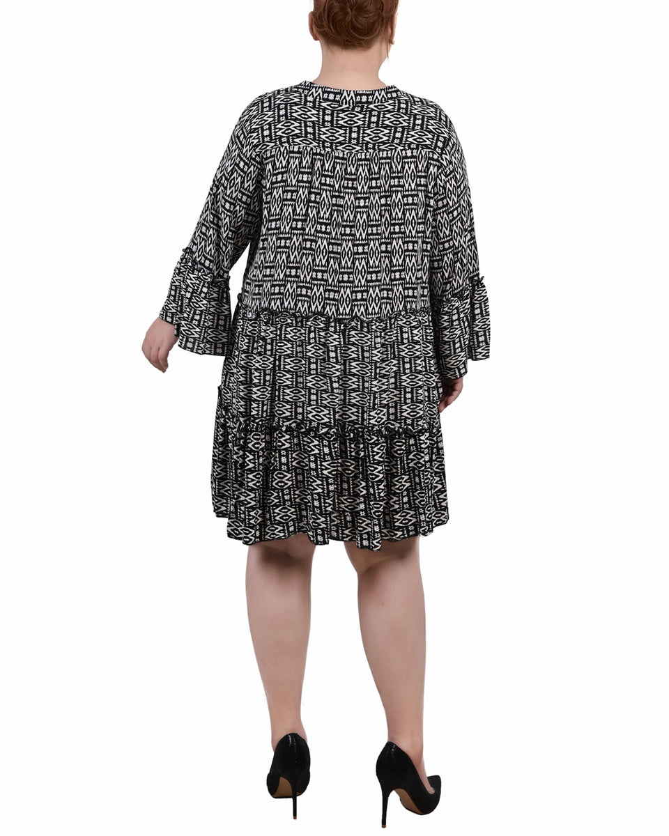  NY Collection Plus Size 3/4 Sleeve Tiered Dress - Tribal Black - Bonton