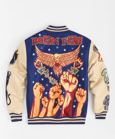 Born Free Chenille Patched Varsity Jacket - Navy