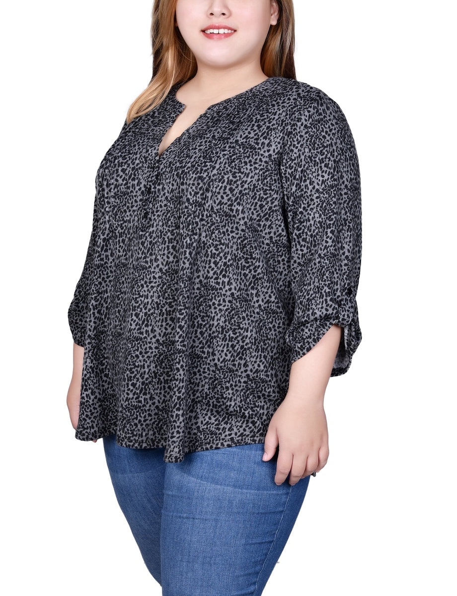  NY Collection Plus Size 3/4 Roll Sleeve Top - Black Grey Animal - Bonton