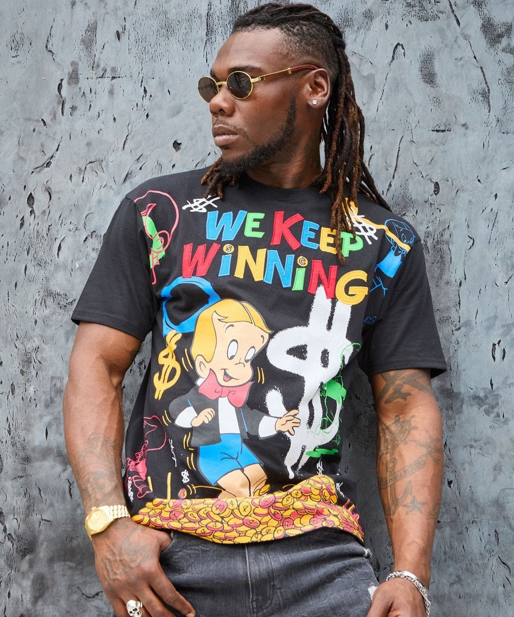  Reason Clothing Richie Rich We Keep Winning Applique Short Sleeve Tee - Black - BLACK - Bonton