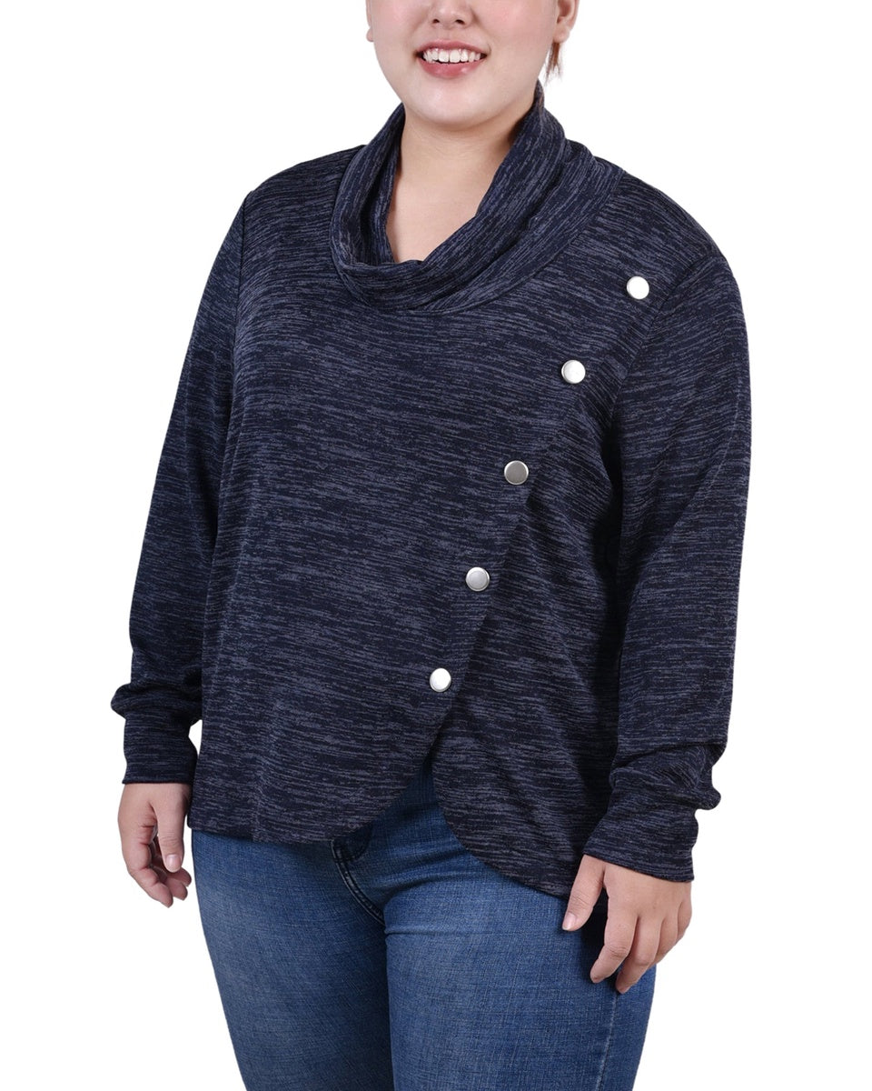  NY Collection Plus Size Long Sleeve Overlapping Cowl Neck Top - Navy Enzoz - Bonton