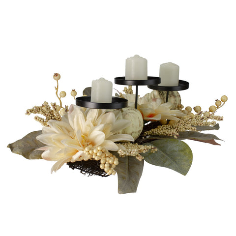 Dahlia and Pumpkin Fall Harvest Candle Holder Centerpiece - 21"