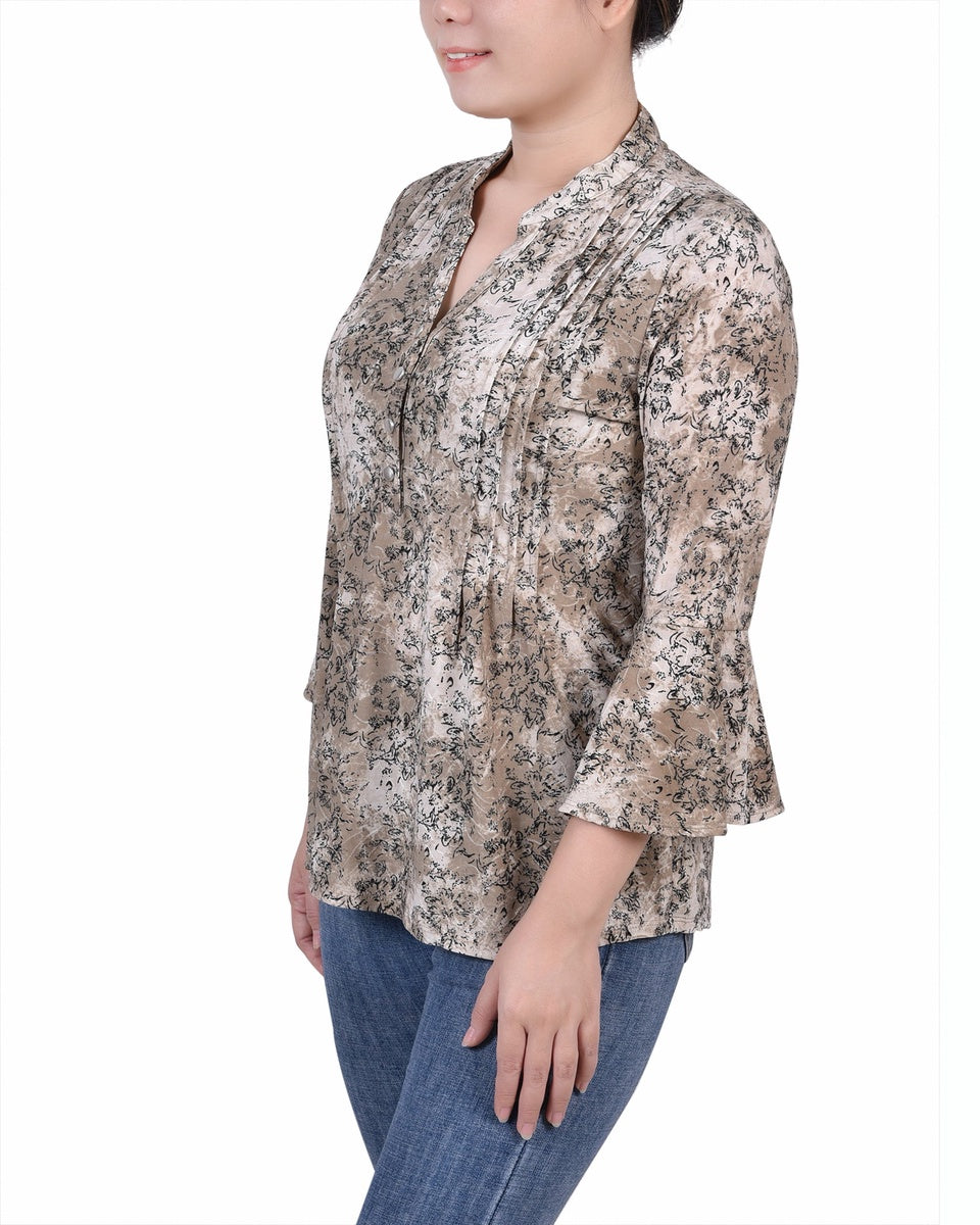  NY Collection Petite 3/4 Bell Sleeve Pleat Front Y Neck Top - Berry Plaid - Bonton