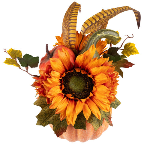 Sunflower and Mum Filled Pumpkin Thanksgiving Decoration - 14.75" - Yellow