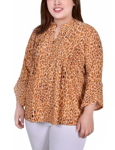 Plus Size 3/4 Sleeve Overlapped Bell Sleeve Y Neck Top