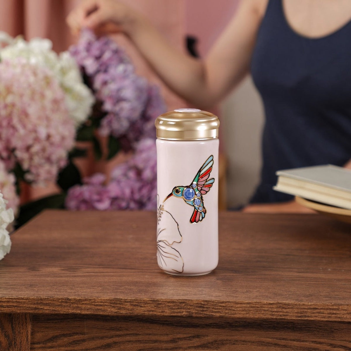  Acera The Hummingbird Travel Mug - Pink and Hand Painted Multi Colored Bird - Bonton