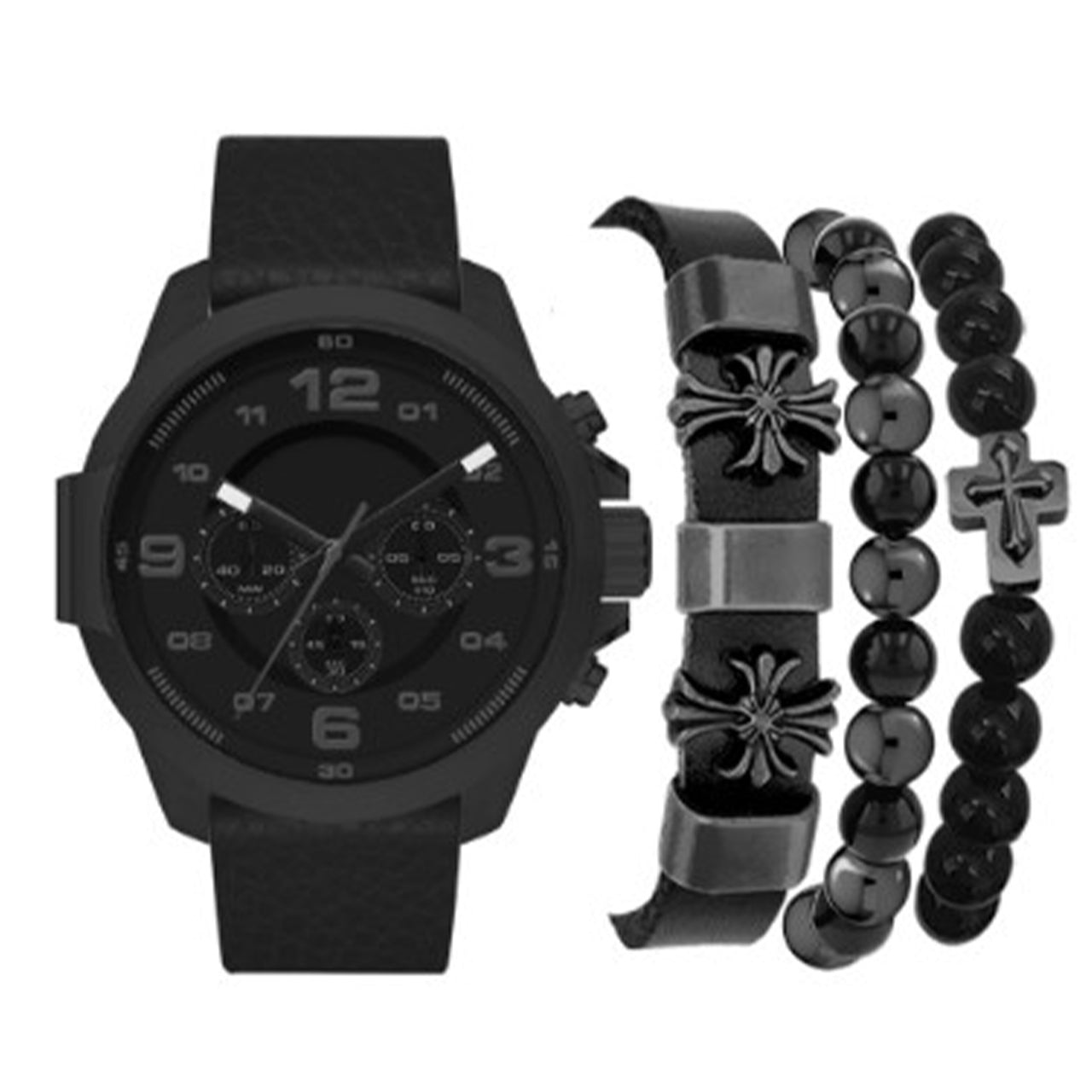  Analog Watch-Cross Bracelet Set - Black - Bonton